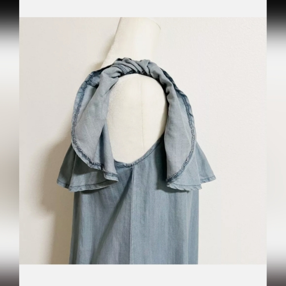 Lulus Standout Chambray Off Shoulder Ruffle Mini Dress Blue Lyocell Medium - Picture 9 of 11